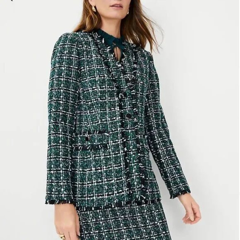 NWOT Ann Taylor Green Sequin Plaid Tweed Jacket Fringe Trim Size 6 Emerald Black